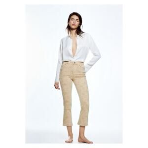 NWT ZARA The Dreed High Rise Cropped Printed Flare Jeans 4 Tan